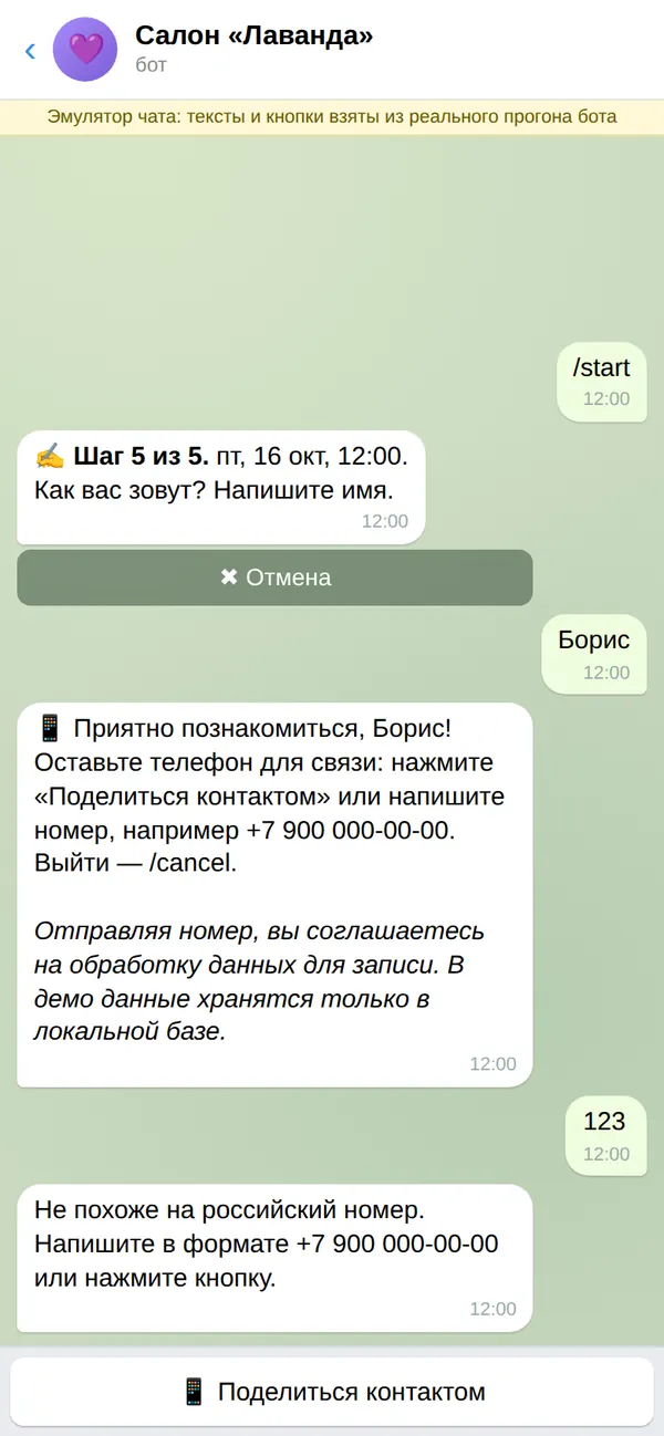Скриншот 12 из 16: Неверный телефон — Бот просит ввести номер ещё раз